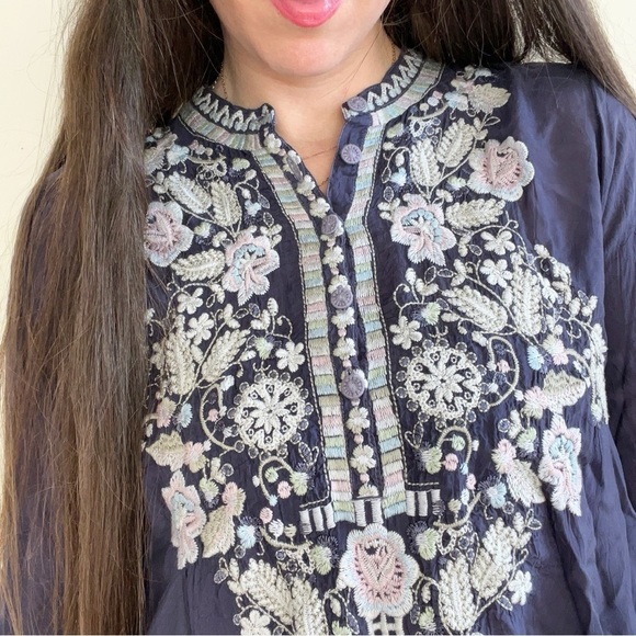 Johnny Was Mayan Ivory Embroidered Long Sleeve Tunic Blue - Picture 2 of 15